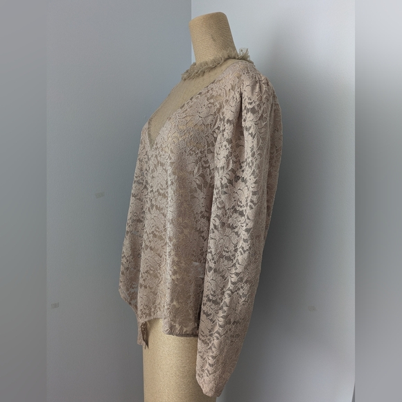 Chic See Thru Lace V-Neck Bodysuit Blouse - Tan - Picture 2 of 6